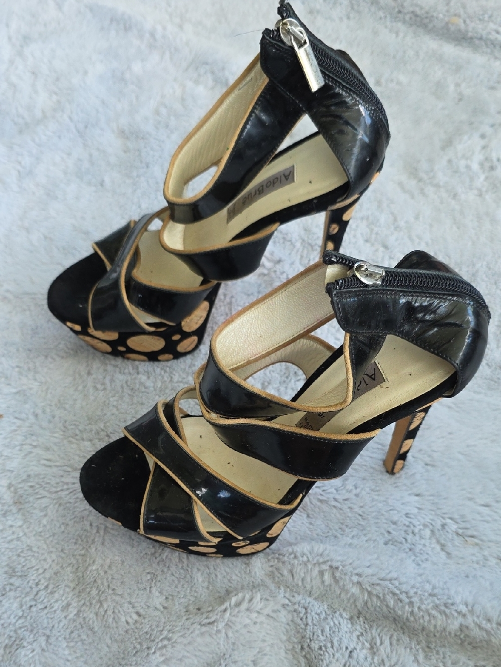 Aldo Bruè Made in Italy Black Leather Polka Dot Platform Stiletto Sandals EU 36